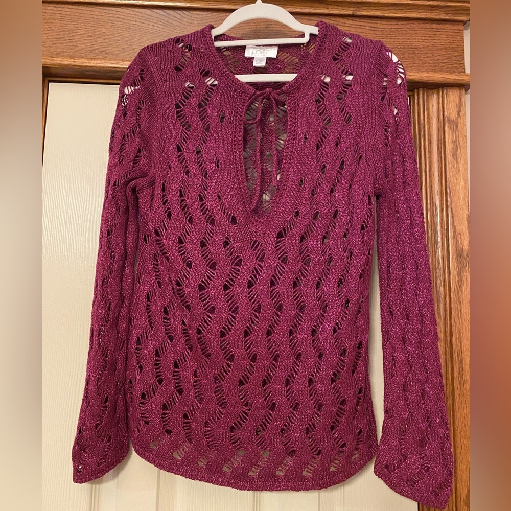 Ann Taylor Loft Petite Womens Burgundy Sweater Sz MP Open Weave